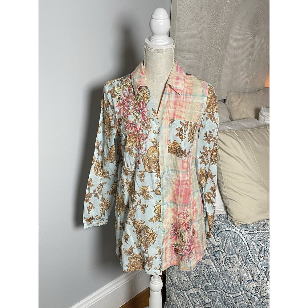 Soft Surroundings Blouse XS Boho Embroidered Button Down Lagniappe Artsy Tunic